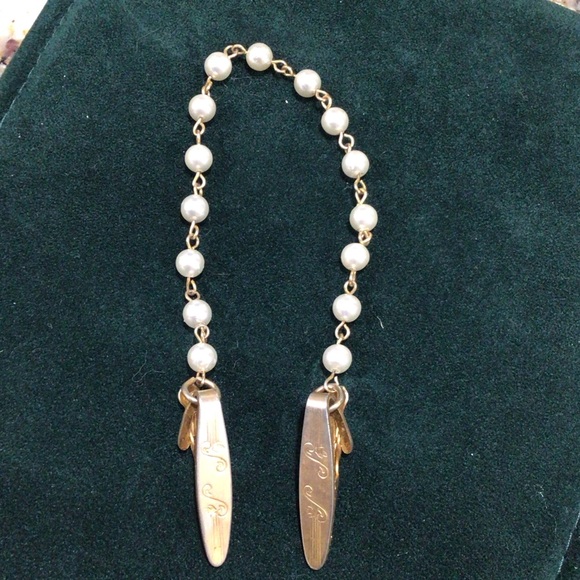 Jewelry - Vintage 1950-1960 Engraved Faux Pearl Sweater Guard Clips Collar